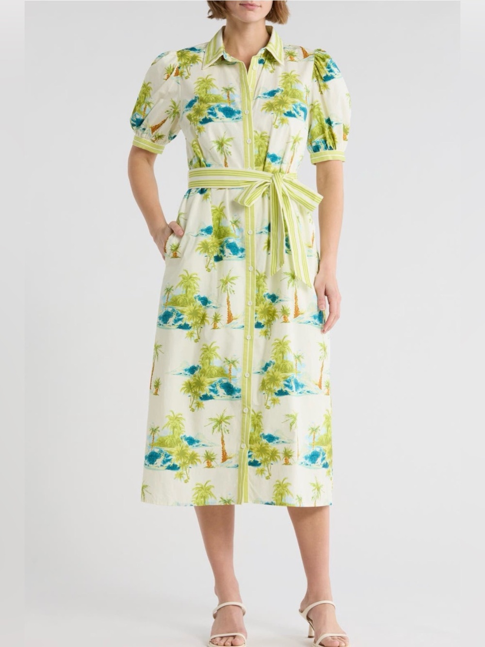 NWT Flying Tomato Tropical Print Button-Front Midi Shirtdress in Cream & Aqua